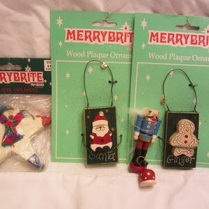 VTG CVS MERY BRITE WOODEN ORNAMENTS SET OF 4, 3 NEW, ALL CUTE